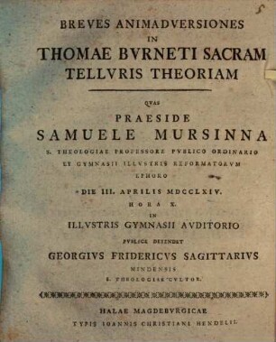 Breves animadversiones in Thomae Burneti Sacram telluris theoriam