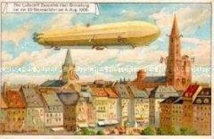 Sammelbild der Serie "Luftschiffe", der Zeppelin über Strassburg; mit Werbung für die Leder- und Metallputzmittel Saffin und Solano; um 1900