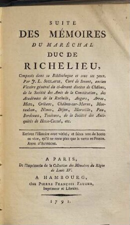 Suite Des Mémoires Du Maréchal Duc De Richelieu, Composés dans sa Bibliothèque et sous ses yeux