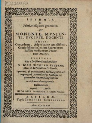 Isthmia de febri eiusque cura generatim