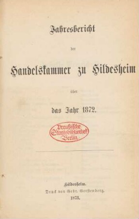 1872: Jahresbericht der Handelskammer zu Hildesheim
