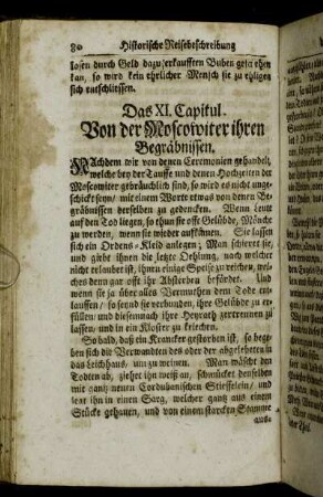 Das XI. Capitul. Von der Moscowiter ihren Begräbnissen. - Das XII. Capitul. Einige Anmerckungen/ die Ambassadeure betreffend.