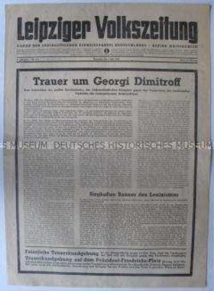 Tageszeitung der SED Westsachsen "Leipziger Volkszeitung" zum Tod von Georgi Dimitroff