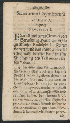 Secretorum Chymicorum Decas I. huiusq[ue] Processus I. - X.