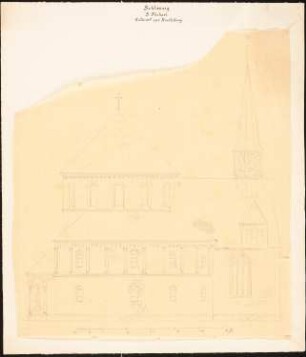 St. Michael, Schleswig Entwurf zur Herstellung: Perspektivische Seitenansicht, Maßstabsleiste [von Quasts Handschrift]