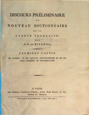 Discours préliminaire du nouveau dictionnaire de la langue Française, 1