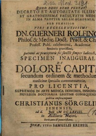 Specimen Inaugurale De Dolore Capitis