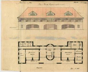 Pension am Meer Monatskonkurrenz Februar 1906: Grundriss Erdgeschoss, Aufriss Ansicht vom Meer 1:100