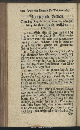 Neunzehente Lection. Von der Regula De Tri inversa, domposia, Societatis und welschen Practica