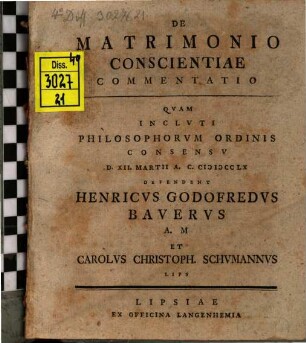 De matrimonio conscientiae commentatio