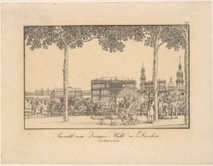 Dresden, Stadtansicht vom Zwingerwall nach Nordosten mit Japanischem Palais, Hotel Bellevue (Calberlasche Zuckersiederei), erster Semperoper und den Türmen der Altstadt