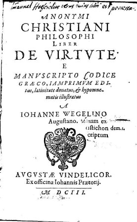 Anonymi Christiani Philosophi Liber De Virtvte