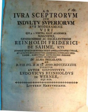 Ivra Sceptrorvm Cvm Indvltv Svperiorvm : D. VIII. IVl. H. M. IX. Anno MDCCXXXXIII