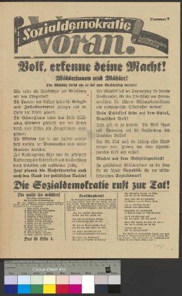 Wahlzeitung der SPD "Sozialdemokratie Voran.                                         Sozialdemokratische Wählerzeitung" (Nr. 4) zur                                         Reichstagswahl am 20. Mai 1928