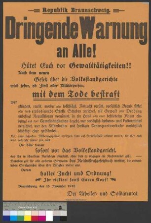 Bekanntmachung des Arbeiter- und Soldatenrates Braunschweig zur Aufrechterhaltung der öffentlichen Sicherheit und Ordnung