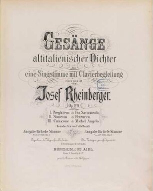 Gesänge altitalienischer Dichter : für 1 Singstimme mit Clavierbegl. ; op. 129