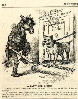 A blow and a bite. [Anschließend folgt ein Textblock] : ein Esel versucht an einen Tresor heranzukommen, vor dem ein Wachhund steht