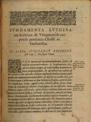 Fundamenta Lutheranae doctrinae de Ubiquitate ... in Eucharistia : Ex orthodoxo consensu, Conra Partes Bergenses. 1