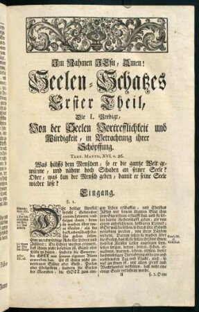 1-11, Die I. Predigt, Von der Seelen Vortrefflichkeit und Würdigkeit, in Betrachtung ihrer Schöpfung.