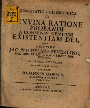 Dissertatio Philosophica De Genvina Ratione Probandi A Consensv Gentivm Existentiam Dei
