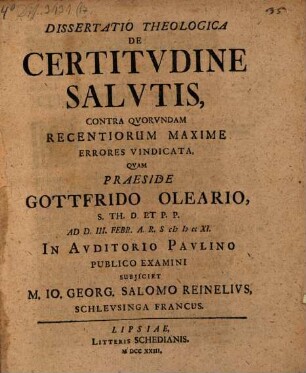 Diss. ... de certitudine salutis contra quorundam recentiorum maxime errores vindicata