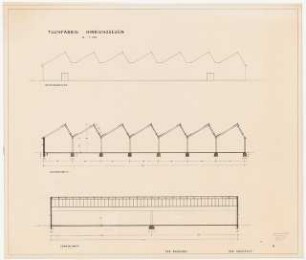 Siedlung Hinrichssegen, Bruckmühl Tuchfabrik: Aufriss Seitenansicht, Längsschnitt, Querschnitt 1:100