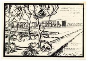 Gartenanlage Frankfurter Wiesen / Richard-Wagner-Hain / Richard-Wagner-Denkmal, Leipzig: Gestaltungsplan Frankfurter Wiesen, Blick vom Elsterwehr zur Stadthalle: Perspektivische Ansicht