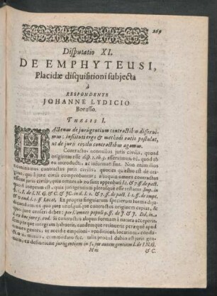 Disputatio XI. De Emphyteusi, Placidae disquisitioni subiecta a Respondente Johanne Lydicio ...
