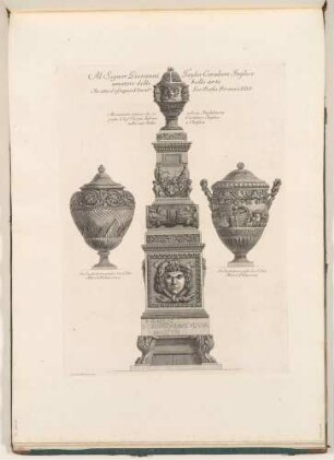 Antikes Monument und zwei Vasen, aus der Folge "Vasi, Candelabri, Cippi, Sarcofagi"