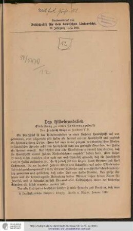 Das Hildebrandslied : Einleitung zu einer Sonderausgabe