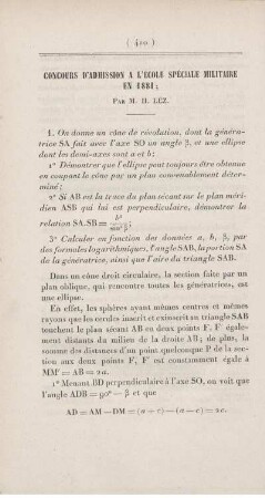 Concours d'admission a l'école spéciale militaire en 1881.