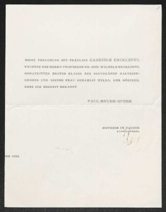 Brief von Paul Meyer-Speer, Wilhelm Ercklentz und Wilma Ercklentz an Gerhart Hauptmann