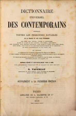 Dictionnaire universel des contemporains : contenant toutes les personnes notables de la France et des pays étrangers, Supplement