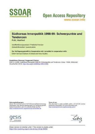 Südkoreas Innenpolitik 1998-99: Schwerpunkte und Tendenzen