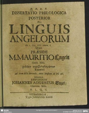 Dissertatio Philologica Posterior De Linguis Angelorum