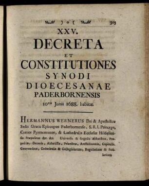 XXV. Decreta Et Constitutiones Synodi Dioecesanae Paderbornensis 10ma Junii 1688. habitæ.