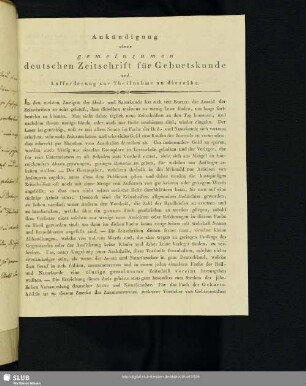 Beilage: Ankündigung einer gemeinsamen deutschen Zeitschrift für Geburtskunde [Druck]