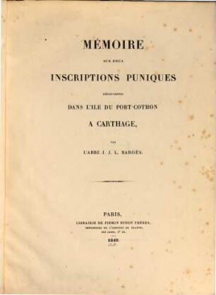 Mémoire sur deux inscriptions puniques : découvertes dans l'Ile du Port-Cothon à Carthage