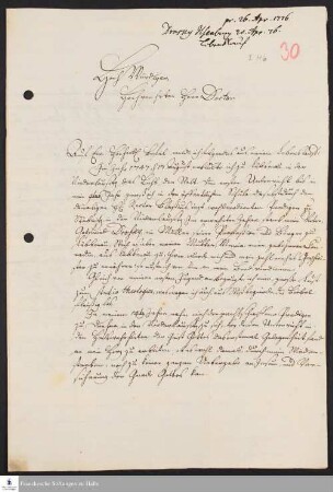 Brief von J. Christoph Drosky an Gottlieb Anastasius Freylinghausen.