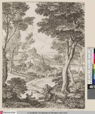 [Landschaft mit zwei an einem Feldweg rastenden Männern im Gespräch, im Hintergrund ein Dorf; Spire; La tour pointue]