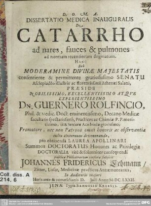 Dissertatio medica inauguralis De catarrho ad nares, fauces et pulmones