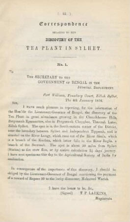 Correspondence relative to the discovery of the tea plant in Sylhet