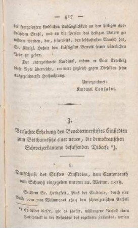 517-526 Denkschrift des Stiftes Einsideln, wegen vorhablicher Erhebung desselben zum Bisthumssitze