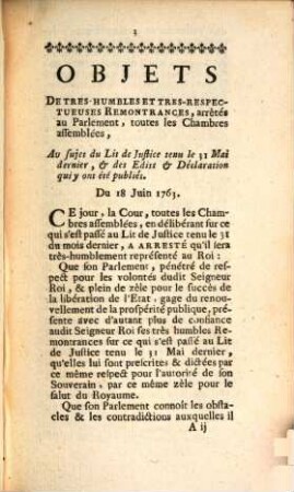 Objets de tres humbles ... remontrances arrêtés au Parlement ... au sujet du lit de justice tenu le 31 Mai dernier