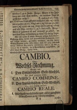Cambio, oder Wechsel-Rechnung.