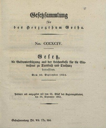 394. Gesetz, die Geldunterstützung aus der Leichencasse für die Einwohner zu Tambach und Dietharz betr., vom 20. September 1851.