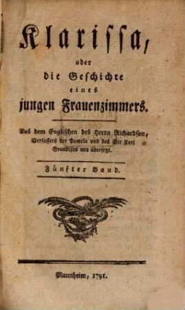 Klarissa, oder die Geschichte einen jungen Frauenzimmers, Fünfter Band