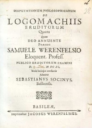 Disputationum philosophicarum de logomachiis eruditorum quarta
