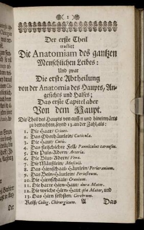 Der erste Theil tractirt Die Anatomiam des gantzen Menschlichen Leibes: