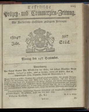 39tes Stueck, Montag den 24ten September 1804